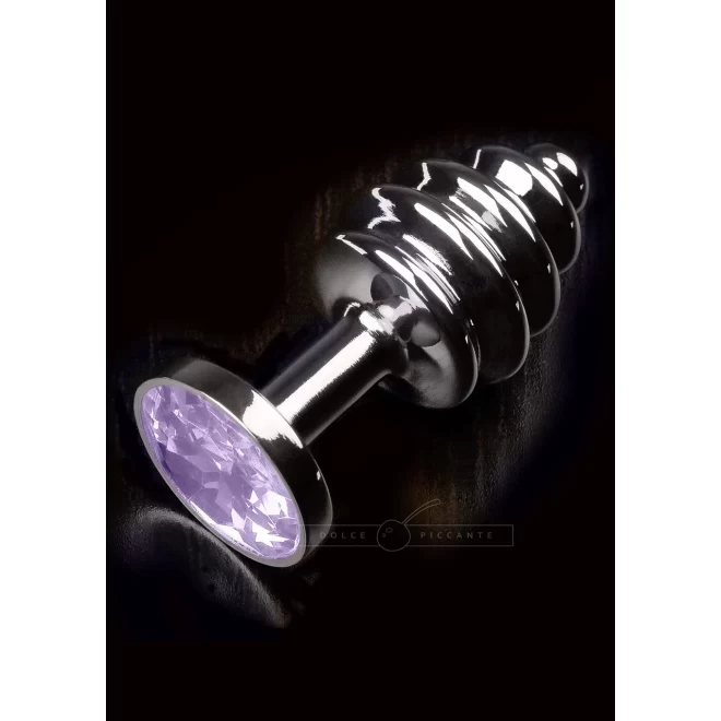 Srebrny, prążkowany korek analny z diamentem Jewellery Ribbed Silver Purple