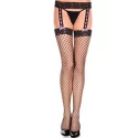 Lace garter belt with fishnet stockings and pink ribbon