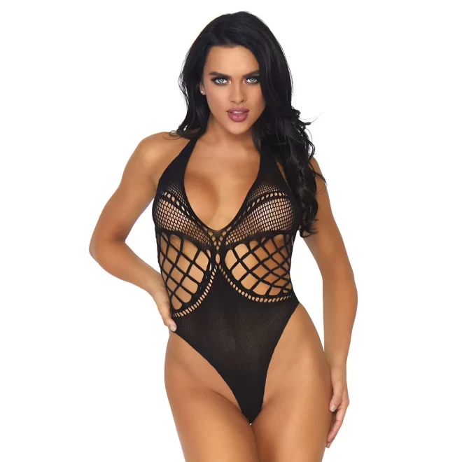 Net thong back halter teddy