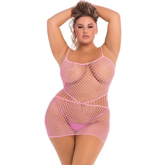 ROLL UP NET MINI DRESS PINK PLUS SIZE