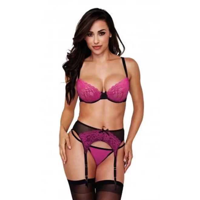 Baci - 3-Piece Garter Set - Pink/Black