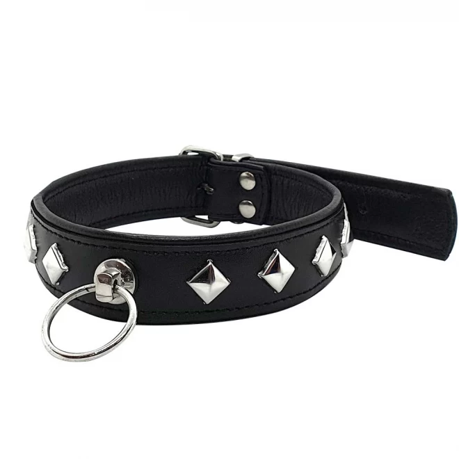 Leather studded o-ring collar - black