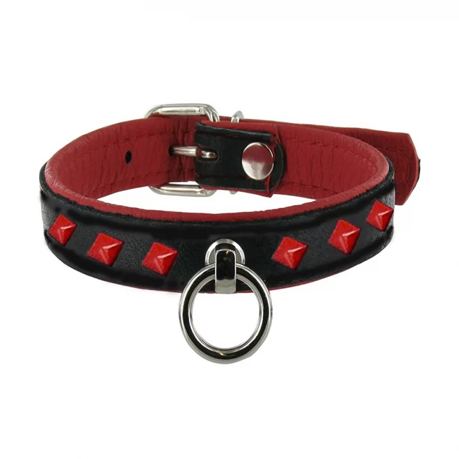 Leather studded o-ring collar - red