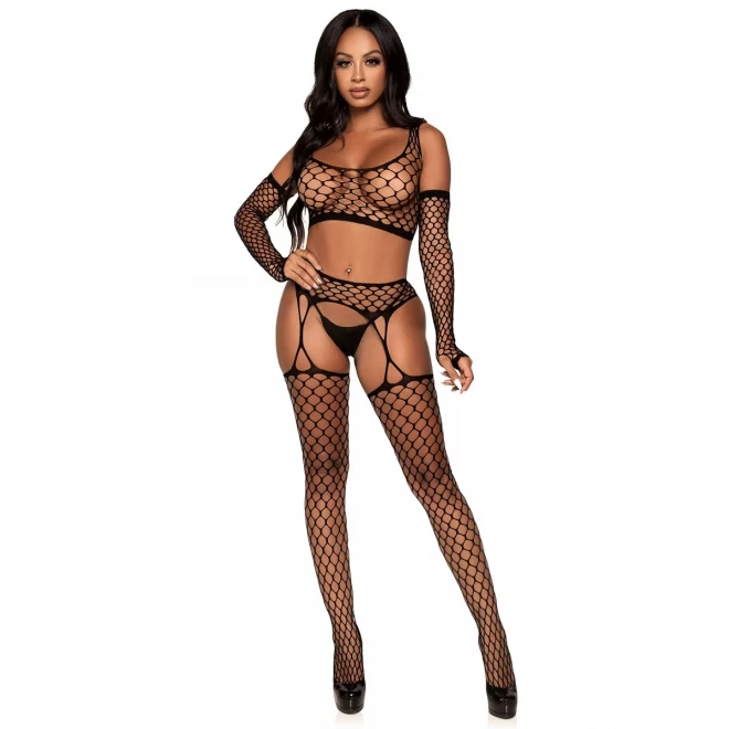 Bodystocking top, pończochy i rękawiczki