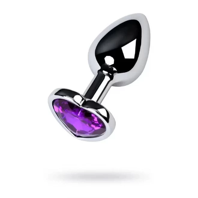 Silver anal plug with purple gem heart-shaped