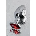 Silver anal plug TOYFA Metal with red round-shaped gem, length8 cm, diameter 2,4-4 cm, weight 140 gr