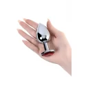 Silver anal plug TOYFA Metal with red round-shaped gem, length8 cm, diameter 2,4-4 cm, weight 140 gr