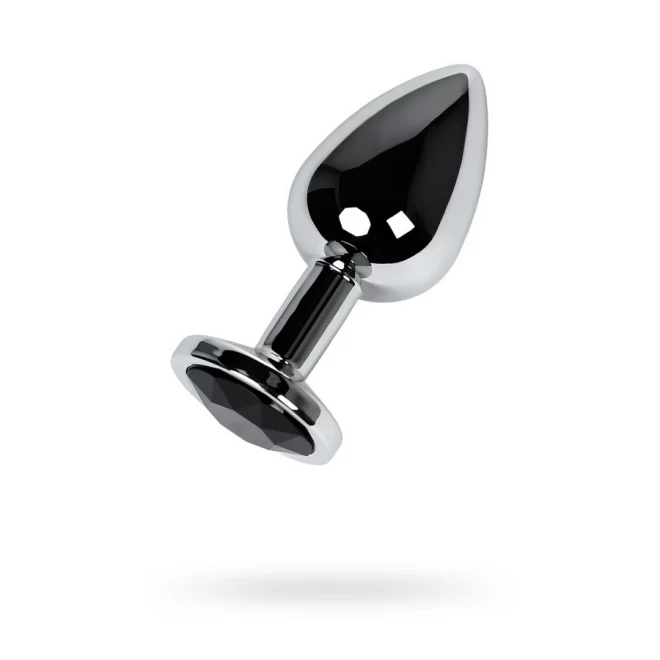 Silver anal plug TOYFA Metal with black round-shaped gem, length 7,5 cm, diameter 1,8-3,4 cm, weight 140 gr