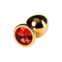 Gold anal plug TOYFA Metal with red round-shaped gem, length 7,8 cm, diameter 2,2-3,5 cm, weight 95 gr
